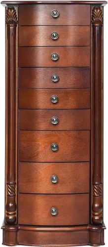 Vista 7 de GOFLAME Armario de joyería con espejo abatible superior, organizador de almacenamiento de joyas con 2 puertas laterales, 8 cajones, joyero (nogal)