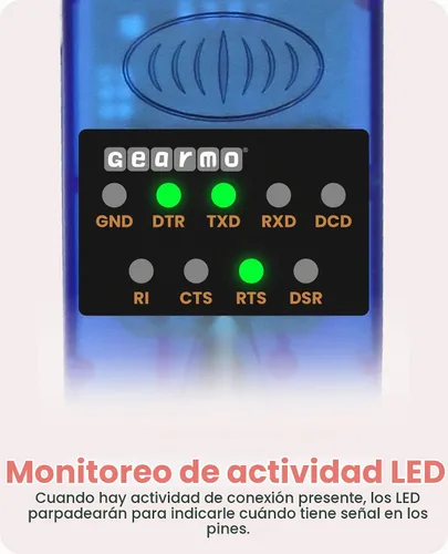 Vista 4 de Gearmo Adaptador USB a serie RS-232 con indicadores LED, chipset FTDI, compatible con Windows 11/10/8.1/8/7, Mac OS X 10.6 y superior