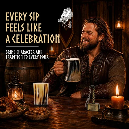Vista 2 de FENRIR Taza de cuerno vikingo de 16 onzas con vaso de chupito, regalos vikingos para hombres y mujeres, abridor de botellas, jarra de cuerno de buey