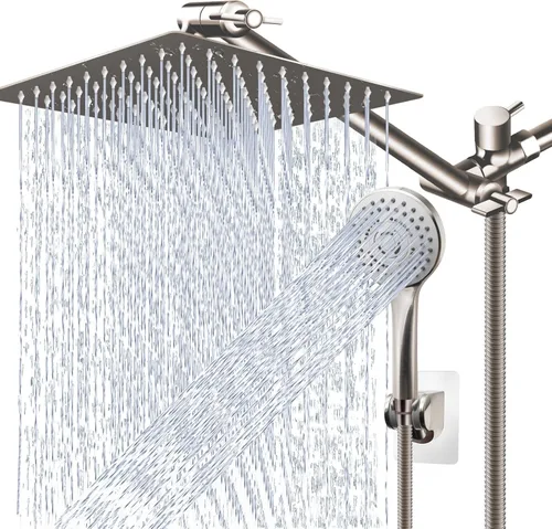 Vista 16 de Combo de cabezal de ducha (níquel cepillado), cabezal de ducha de lluvia de alta presión de 8 pulgadas con brazo de extensión ajustable de 11