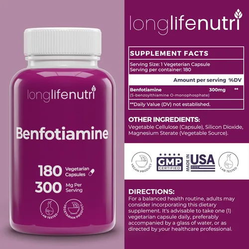 Vista 2 de LongLifeNutri Paquete de Benfotiamina 300 mg, 180 cápsulas + ácido R-alfa lipoico 300 mg, 120 cápsulas - Apoyo energético celular y nervio dual