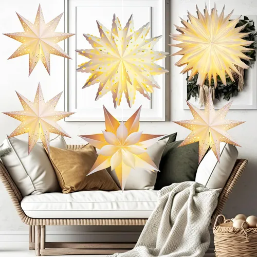 Vista 7 de Watersay Paquete de 6 Faroles de Papel de Copo de Nieve de Navidad Faroles de Papel de Estrella de Navidad con 6 Luces LED Blancas Ornamentos