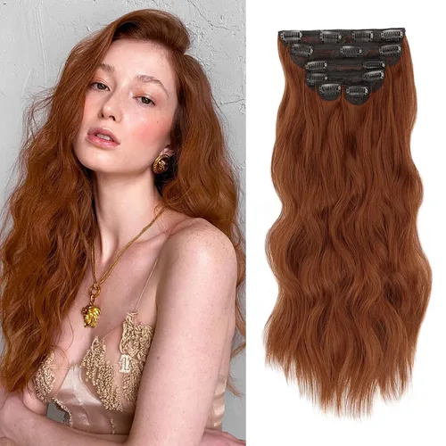 Vista 7 de WECAN Extensión de cabello con clip, de 20 pulgadas, mezcla de rubio ceniza y rubio decolorado, 6 piezas, extensiones de cabello largo ondulado