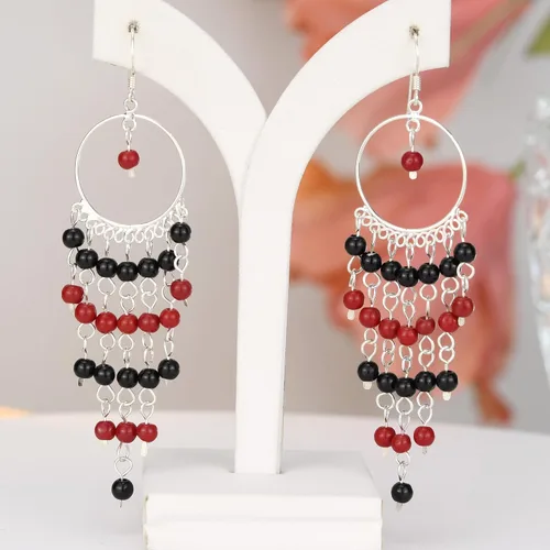 Vista 3 de RED-BLACK aro Círculo Lámpara de araña Plata de ley 925. Dangle Earrings