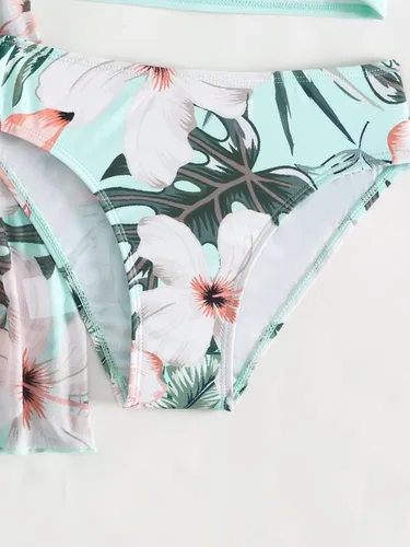 Vista 4 de MakeMeChic Traje de baño de 3 piezas para niña, lindo bikini floral con salida de baño