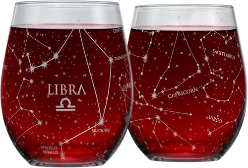 Vista 8 de Greenline Goods Juego de copas de vino sin tallo de cáncer del zodiaco grabado a mano, 15 onzas (juego de 2) - Cristalería con signo de astrología