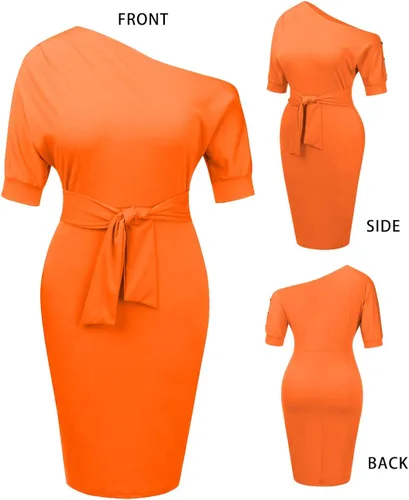 Vista 6 de Nature Comfy Elegante vestido de tubo con cinturón de un hombro y bolsillos para mujer