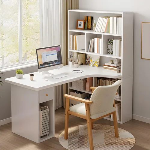 Vista 11 de Escritorio para computadora, escritorio de oficina de madera resistente con cubos abiertos y mucho almacenamiento de escritorio esquinero