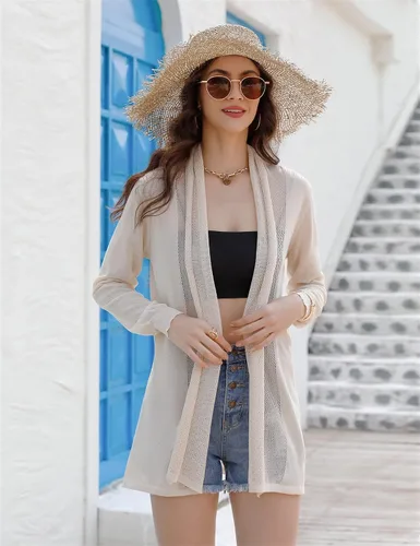 Vista 2 de Totatuit Cárdigan tipo kimono de verano para mujer, ligero, traslúcido, manga larga, parte delantera abierta, suéter de punto suelto, blusa casual