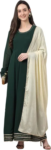 Vista 4 de Janasya Botella de mujer india verde Georgette sólido Kurta con Dupatta