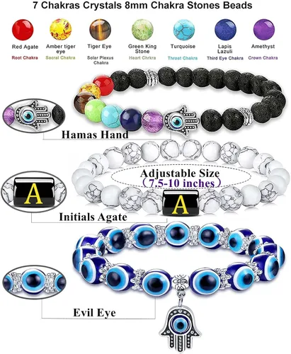 Vista 6 de PANSHI Evil Eye Beaded Bracelets for Women Chakra Stone Crystal Initial Bracelets