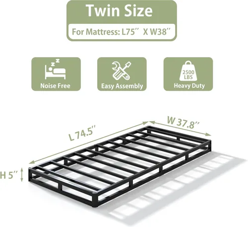 Vista 2 de Base de cama de metal resistente de 5 pulgadas, tamaño individual, base de cama de perfil bajo, capacidad de peso de 2500 libras, fácil montaje
