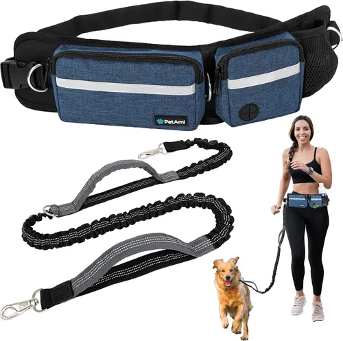 Vista 15 de Correa para perro PetAmi manos libres, correa para correr con bolsa para la cintura, para caminar, trotar, doble bolsillo con cremallera