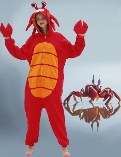 Vista 2 de Crab Onesie Adult Red Crab Pajamas Animal Pajamas Halloween Cosplay Costume Polar Fleece Sleepwear Homewear