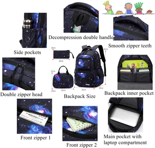Vista 6 de VIDOSCLA Mochila con ruedas Galaxy School para estudiantes de primaria, Juego de mochila con ruedas Blue-galaxcy, Classic