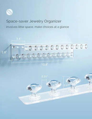 Vista 3 de Mymazn Paquete de 2 soportes acrílicos para collares con estante y 24 ganchos en forma de diamante, organizador de joyas montado en la pared