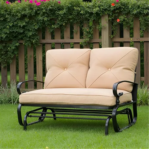 Vista 3 de SUNCROWN Silla mecedora al aire libre, silla mecedora de 2 asientos para patio, sofá biplaza con cojines, muebles de marco de acero, color marrón