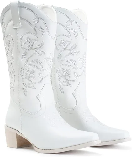 Vista 5 de IUV Botas vaqueras para mujer con punta puntiaguda, botas vaqueras de media pantorrilla