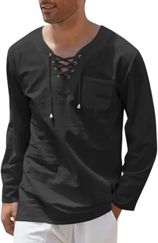 Vista 5 de DuDubaby Camisas casuales para hombre, sueltas, de moda, casuales, con cordones, manga larga, cuello en V, camisas de vestir para hombre