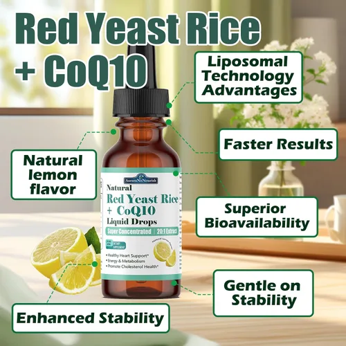 Vista 5 de Arroz de levadura roja liposomal con gotas líquidas Coq10, 5 en 1 extra fuerte 1200 mg de colesterol y apoyo cardíaco con ácido alfa lipoico