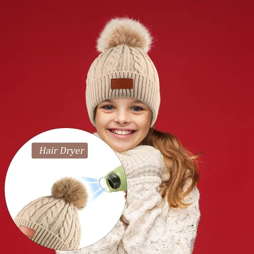 Vista 7 de Gorro de lana de punto para niños de 3 piezas, gorro de invierno cálido con pompón desmontable para niñas de 1 a 3 años