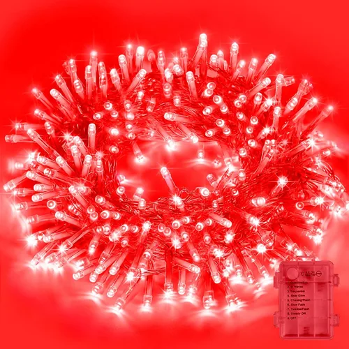 Vista 13 de LAMPHOME Luces de Navidad multicolor que funcionan con pilas, 34.1 pies, 100 luces LED impermeables de cadena para árbol de Navidad con 8 modos