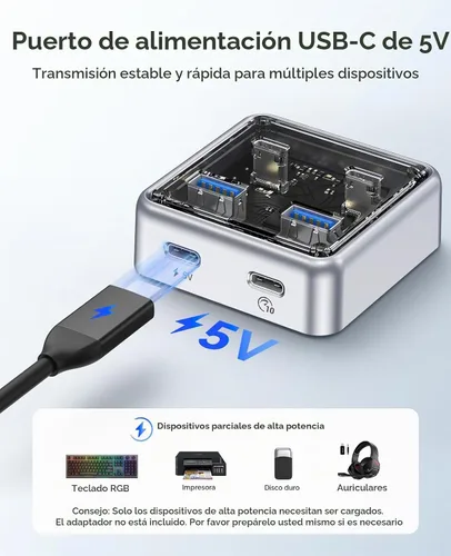 Vista 5 de ORICO Concentrador USB-C de 10 Gbps, divisor USB 3.2 de aleación de zinc de 4 puertos con 2 puertos USB-A y 2 puertos USB-C, extensor de datos