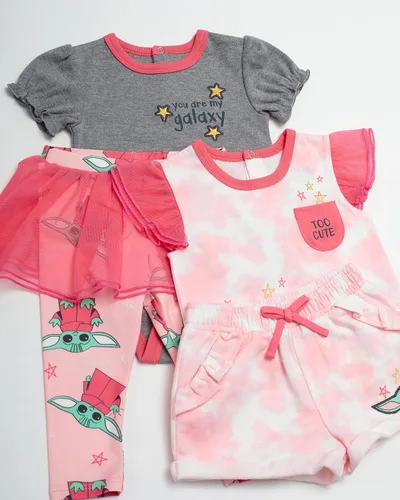 Vista 2 de STAR WARS Baby Yoda - Juego de canastilla de 4 piezas para niñas Adorable camiseta de manga corta, leggings con falda tutú, body de parche metálico