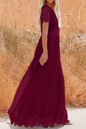 Vista 9 de PRETTYGARDEN - Vestido largo de encaje floral para mujer, manga corta, cuello en V, vestidos de fiesta para boda y para la noche