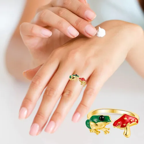 Vista 3 de Green Frog Red Mushroom Open-Rings for Women-Girls - Gold Silver Plated Cute Colorful Frog Mushroom Aesthetics Jewelry for BirthdayNew