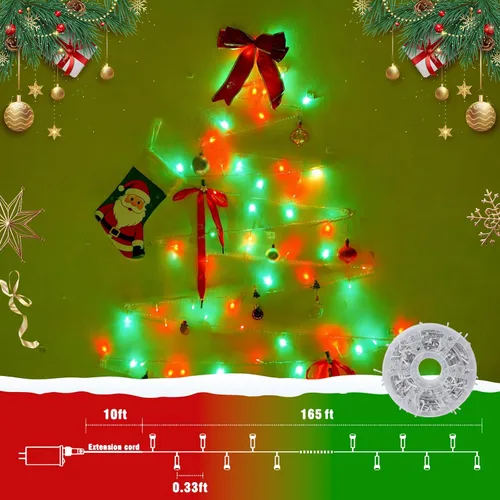 Vista 2 de QITONG Tira de luces rojas y verdes para exteriores, 165 pies, 500 luces LED de alambre transparente de Navidad para interiores, 8 modos de luz