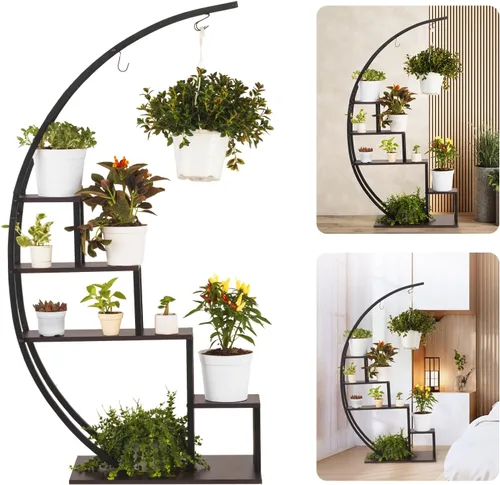 Vista 7 de IDZO - Estantería de metal en forma de media luna para plantas, estantes múltiples para interiores, marrón oscuro, ideal para la decoración