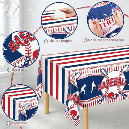 Vista 4 de Miucat Mantel de béisbol de 3 piezas, mantel de mesa y decoración de fiesta, mantel de plástico desechable, rectangular para juegos de béisbol
