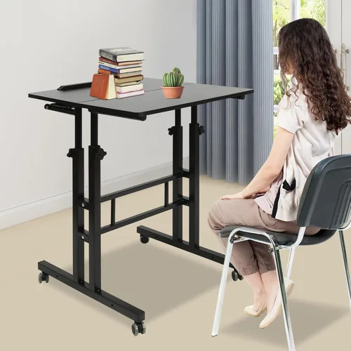 Vista 2 de Escritorio móvil de pie para computadora, estación de trabajo con ruedas universales, altura ajustable, doble panel inclinable, carrito