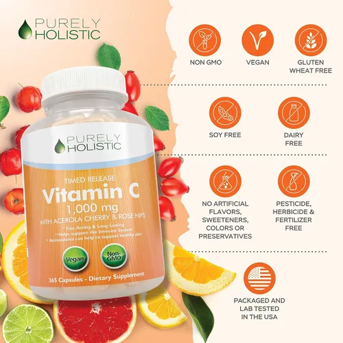 Vista 6 de Purely Holistic Vitamina C 1000 mg + curcumina de cúrcuma orgánica de 700 mg y bioperina - 365 + 120 cápsulas - Paquete vegano - con rosa mosqueta