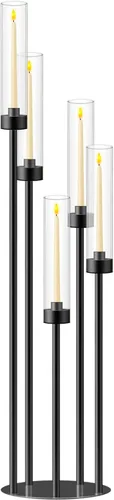 Vista 16 de Centros de mesa de candelabro negro de 35 pulgadas, 10 piezas, para mesas, 5 brazos, centros de mesa de boda para decoraciones