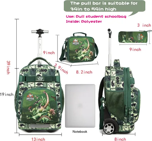 Vista 3 de MOHCO Juego de mochila con ruedas de 19 pulgadas con ruedas y bolsa de almuerzo y estuche para lápices, Dinosaur