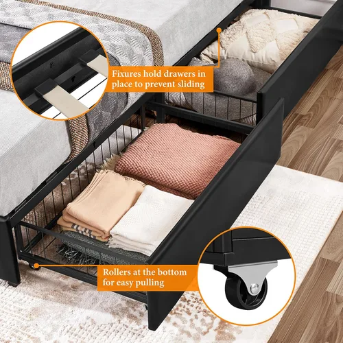 Vista 6 de Yaheetech Base de cama tapizada con 4 cajones de almacenamiento y cabecera ajustable, plataforma de piel sintética con base de colchón, fuerte