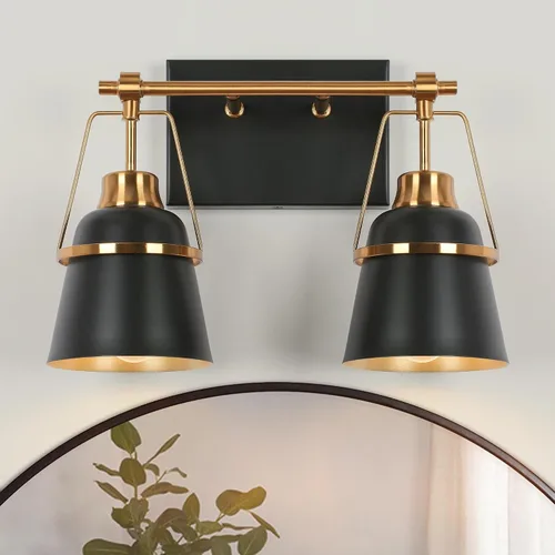 Vista 10 de Lámparas de baño de oro negro, modernas luces de tocador de granja sobre el espejo, 3 luces de cobre dorado con pantalla de metal y artesanía Negro