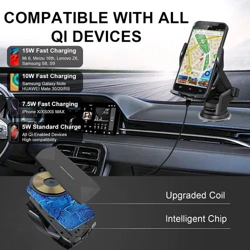 Vista 3 de Soporte inalámbrico para cargador de automóvil, 15 W Qi de carga rápida con sujeción automática para teléfono celular, soporte para automóvil
