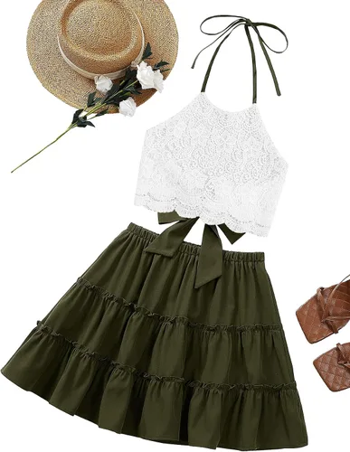 Vista 5 de LYANER Conjunto de 2 piezas para mujer, conjunto de blusa corta con encaje halter y minifalda floral