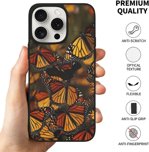 Vista 3 de Monarch - Funda con estampado de mariposas para iPhone 15 Pro, vidrio suave a prueba de golpes, TPU para iPhone 15 Pro de 6.1 pulgadas, no se pone