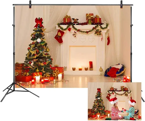 Vista 8 de LB Telones de fondo de chimenea de Navidad para fotografía de 5 x 3 pies, calcetines de árbol de Navidad, regalos de Año Nuevo, para niños