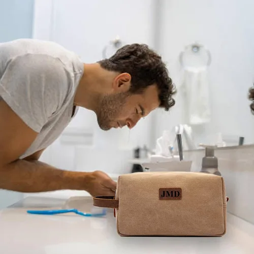 Vista 5 de Neceser personalizado para hombres, kit de aseo personalizado de lona para afeitar, bolsa de aseo grabada con láser, kit de lona de cuero