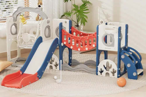 Vista 10 de Conjunto de juegos de parque infantil para niños pequeños con arco de escalada, juego de golf, tobogán y aro de baloncesto - Juguetes