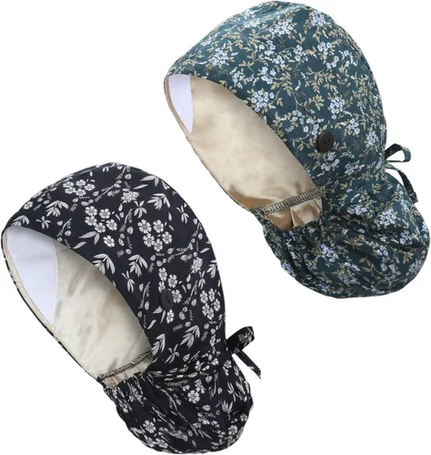 Vista 35 de Gorra médica con forro de satén con bolsillo para cola de caballo, gorro de enfermera médica de algodón con banda elástica para el sudor