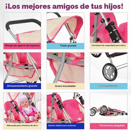 Vista 5 de Fash n kolor, Twin Doll Double Stroller Pink & Off-White Design Easy to Fold Double Stroller with Basket in The Bottom Rosa