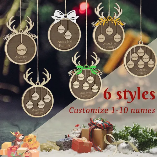 Vista 4 de Adornos de Navidad personalizados, familia de 1 nombre, adornos de Navidad de madera personalizados, decoración personalizada, decoración de árbol