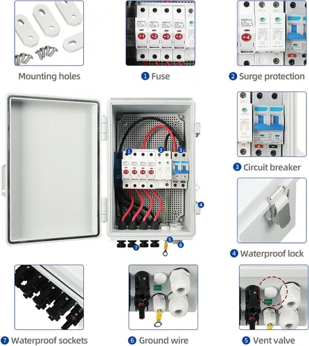 Vista 2 de Caja combinadora fotovoltaica, 4 cuerdas, caja combinadora solar con fusible de corriente nominal de 10A, disyuntor de 63A, arreste de rayos