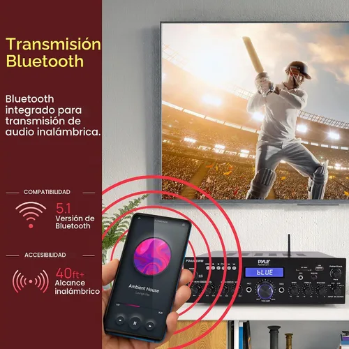 Vista 3 de [Usado] Pyle Combo de micrófono inalámbrico/amplificador Bluetooth, potencia máxima de 200 W, receptor de audio estéreo de doble canal con USB